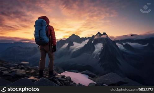 Mountaineer admiring the beautiful sunset in the mountains