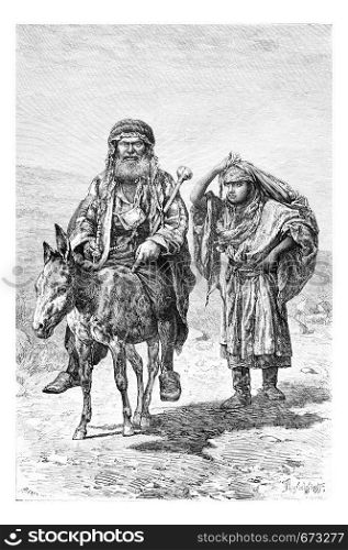 Mountaineer and Wife in Nablus in West Bank, Israel, vintage engraved illustration. Le Tour du Monde, Travel Journal, 1881