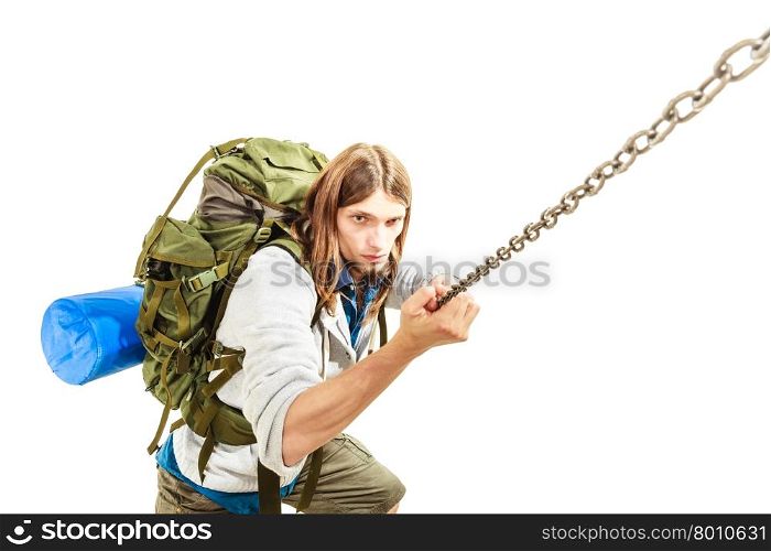 Mountaineer hiking climbing rock mountain.. Backpacker mountaineer hiking climbing rock mountain. Young man scrambling mountaineering. Active lifestyle adventure. Isolated on white background.