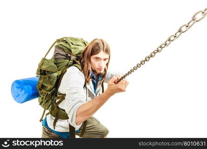 Mountaineer hiking climbing rock mountain.. Backpacker mountaineer hiking climbing rock mountain. Young man scrambling mountaineering. Active lifestyle adventure. Isolated on white background.