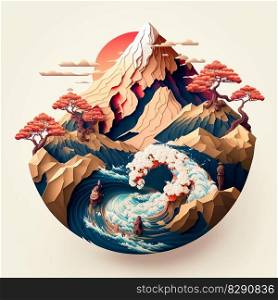 Mountainous Paper Cut Scene with Clouds and Mist. Mountainous Paper Cut Scene with Clouds and Mist AI Generated