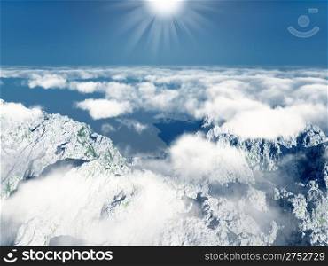 Mountains and clouds. Overcast, the top view