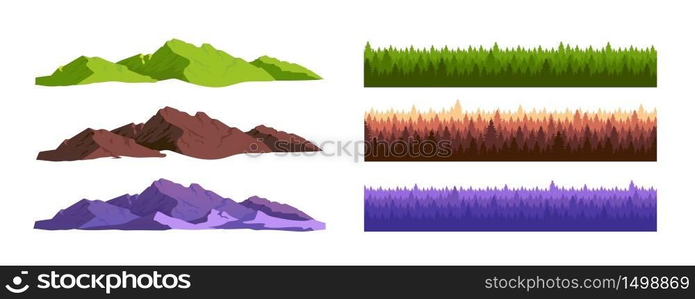Mountains and coniferous forest cartoon vector objects set. Wild nature landscape constructor. Fir trees and rocks flat color illustrations collection. Woodland isolated pack on white background. Mountains and coniferous forest cartoon vector objects set