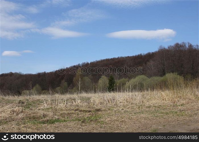Mountains and field in the early spring on a blue sky background. Mountains and field in the early spring on a blue sky background.