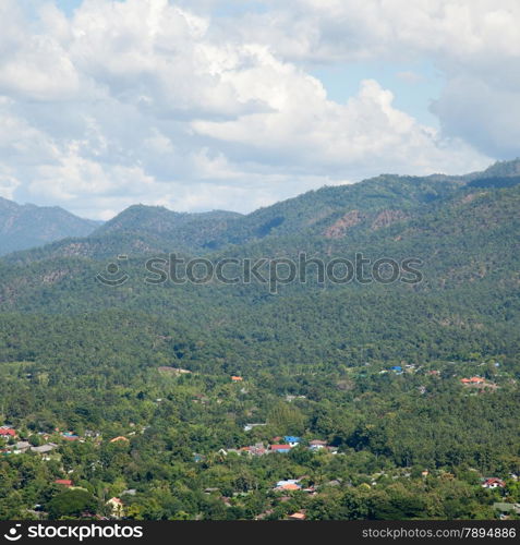 Mountains and forests. There are home grown in the mountains fragmented. Villagers in the area of the mountain.