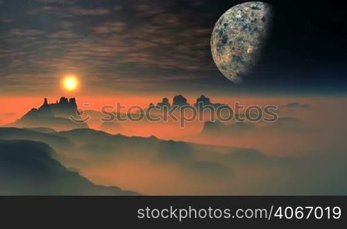 Mountains and hills are covered with thick orange fog. Due to the horizon rises bright white sun in a yellow halo. The huge planet (moon) in partial shade on a dark starry sky. Slowly floating light cloud. The camera flies slowly over a surreal landscape.
