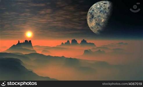 Mountains and hills are covered with thick orange fog. Due to the horizon rises bright white sun in a yellow halo. The huge planet (moon) in partial shade on a dark starry sky. Slowly floating light cloud. The camera flies slowly over a surreal landscape.