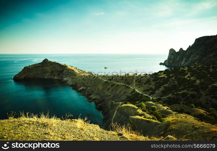 Mountains and sea at sunset. Crimea landscape. Nature background