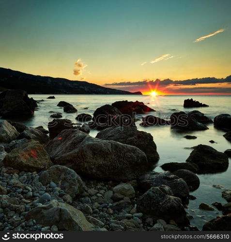 Mountains and sea at sunset. Crimea landscape. Nature background