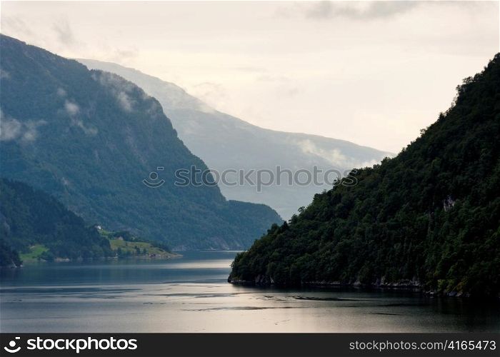 Mountains at coast, Granvin, Hardanger, Hardangerfjord, Hardangervidda, Hardanger, Norway