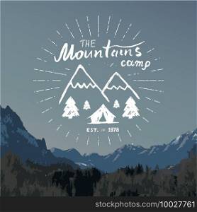 Mountains handdrawn sketch emblem. outdoor c&ing and hiking activity, Extreme sports, outdoor adventure symbol, vector illustration on mountain landscape background.. Mountains handdrawn sketch emblem. outdoor c&ing and hiking activity, Extreme sports, outdoor adventure symbol, vector illustration on mountain landscape background