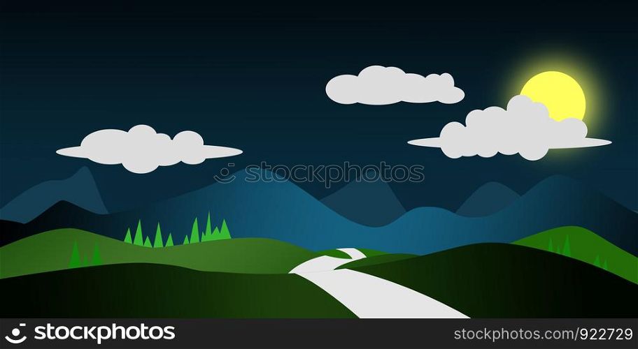 Mountains landscape with pines and hills at night, 3D rendering