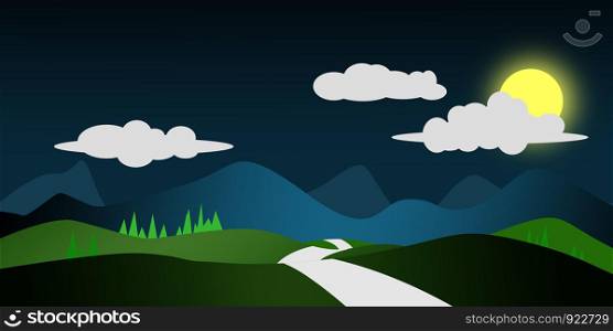 Mountains landscape with pines and hills at night, 3D rendering
