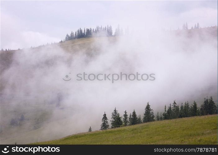 Mountains rural landscape at the rain. Carpathian mountains, Ukraine