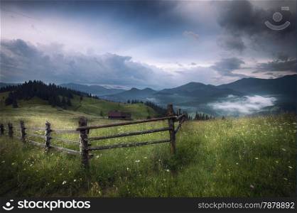 Mountains rural landscape before rain. Carpathian mountains, Ukraine