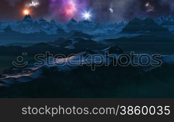 Mountains, snow-covered peaks, blue mist in the valley lake. In the night sky bright nebula, orange sun and a bright white star. The camera quickly flies along the mountains.