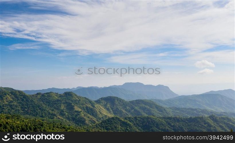 mountains under mist in the morning at Khao Kho National Park, Phetchabun province, Thailand, wide angle panorama view