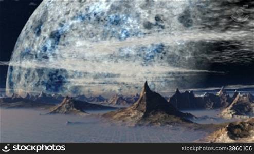 Mountains with sharp peaks, between artifacts covered in mist. Above the horizon a huge gray-blue planet. In the sky, the clouds slowly float rare. UFO flies over the horizon in the form of plates and circling flies.