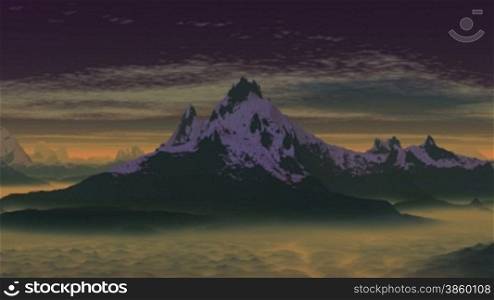 Mountains with sharp peaks covered with snow in the hills and lowlands, which envelops the orange glowing ghostly mist. In the sky, slowly floating clouds. The camera flies along the mountains and close to the source of luminous mist.