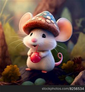 Mouse adventurer discovering new heights in the mountains with cute mushroom companion AI generated