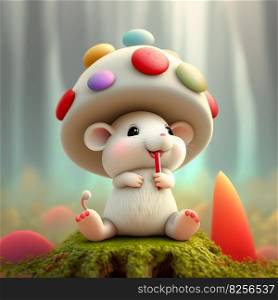Mouse adventurer discovering new heights in the mountains with cute mushroom companion AI generated