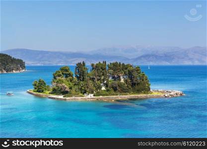 Mouse Island and the Vlacherna Monastery on the Kanoni peninsula of Corfu