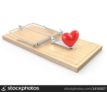 Mouse trap with a red heart, isolated on white background
