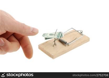 Mousetrap with dollar and hand. The adaptation for catching mice and other fine rodents