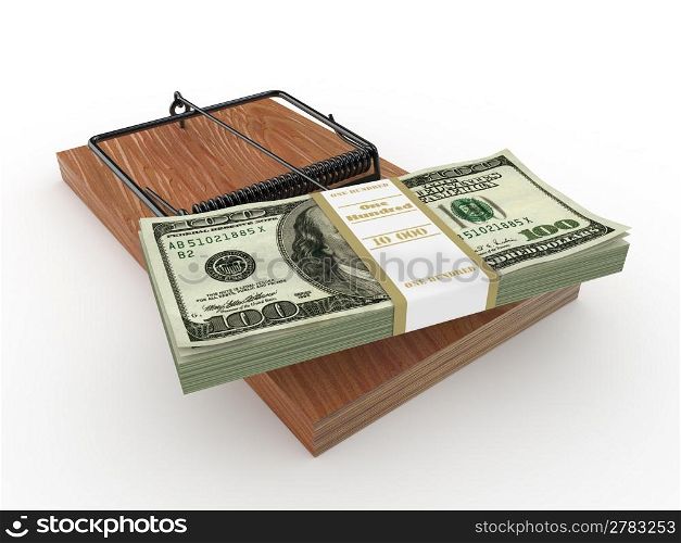 Mousetrap with dollar on white isolated background. 3d