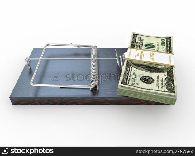 Mousetrap with dollar on white isolated background. 3d