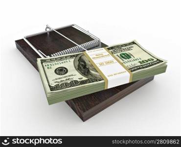 Mousetrap with dollar on white isolated background. 3d