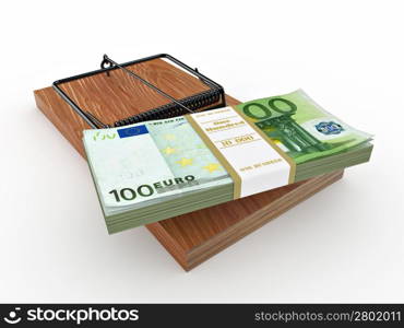 Mousetrap with euro on white isolated background. 3d