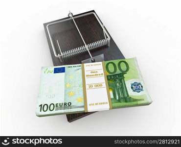 Mousetrap with euro on white isolated background. 3d