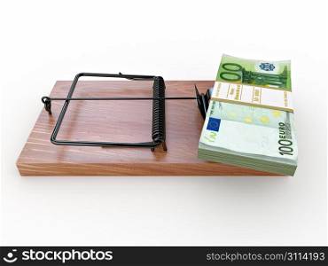 Mousetrap with euro on white isolated background. 3d