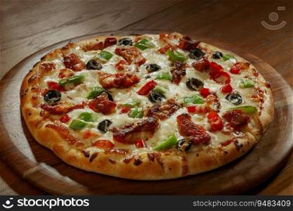 Mouth watering cheesy pizza kept on a wooden plate. 