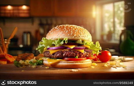 Mouth watering hamburger with fresh ingredients. Delicious burger with beef patty, cheese, and veggies on a wooden backdrop. Created with generative AI tools. Mouth watering hamburger with fresh ingredients. Created by AI