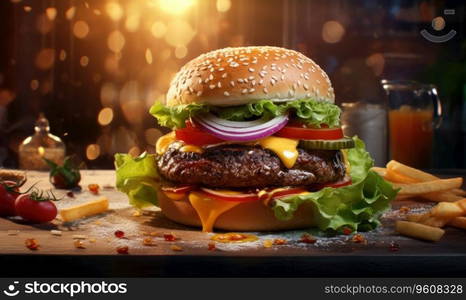 Mouth watering hamburger with fresh ingredients. Delicious burger with beef patty, cheese, and veggies on a wooden backdrop. Created with generative AI tools. Mouth watering hamburger with fresh ingredients. Created by AI