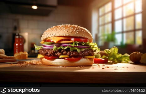 Mouth watering hamburger with fresh ingredients. Delicious burger with beef patty, cheese, and veggies on a wooden backdrop. Created with generative AI tools. Mouth watering hamburger with fresh ingredients. Created by AI