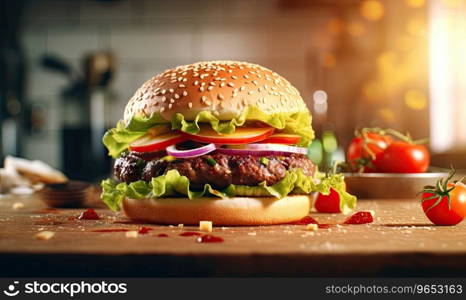 Mouth watering hamburger with fresh ingredients. Delicious burger with beef patty, cheese, and veggies on a wooden backdrop. AI Generative. Mouth watering hamburger with fresh ingredients. AI Generative
