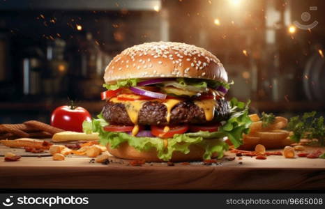 Mouth watering hamburger with fresh ingredients. Delicious burger with beef patty, cheese, and veggies on a wooden backdrop. AI Generative. Mouth watering hamburger with fresh ingredients. AI Generative