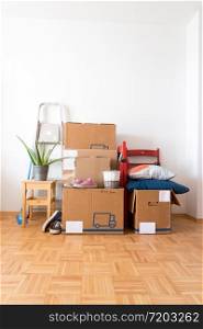 Move. Cardboard boxes, cleaning stuff and things for moving into a new home