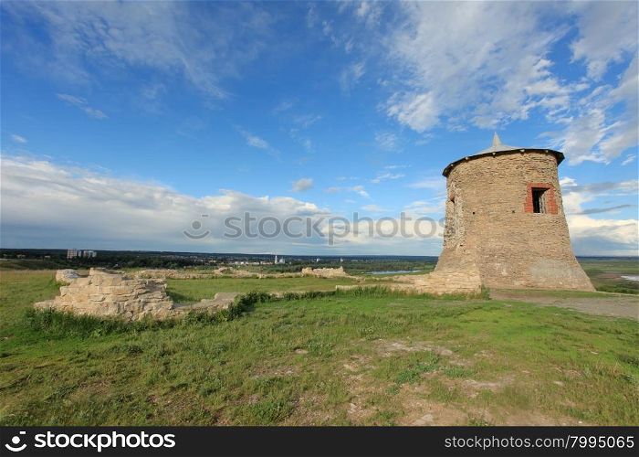 Movement of clouds over the Tower of ancient Bulgar fortress on a high cliff on the banks of the Kama River, Elabuga, Republic of Tatarstan, Russia