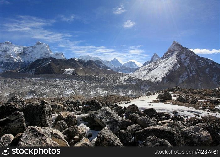Movement of the clouds on the mountains Everest, Gyazumba Glacier, Himalayas, Nepal.