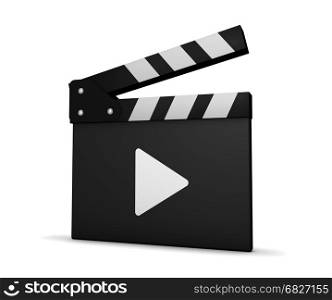 Movie and video clapperboard with play icon 3D illustration on white background.