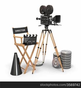 Movie composition. Vintage camera, director chair and reels. 3d