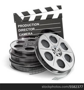 Movie concept. Film reels and clapboard. 3d