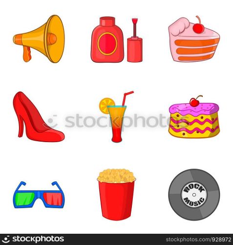 Movie festival icon set. Cartoon set of 9 movie festival vector icons for web design isolated on white background. Movie festival icon set, cartoon style