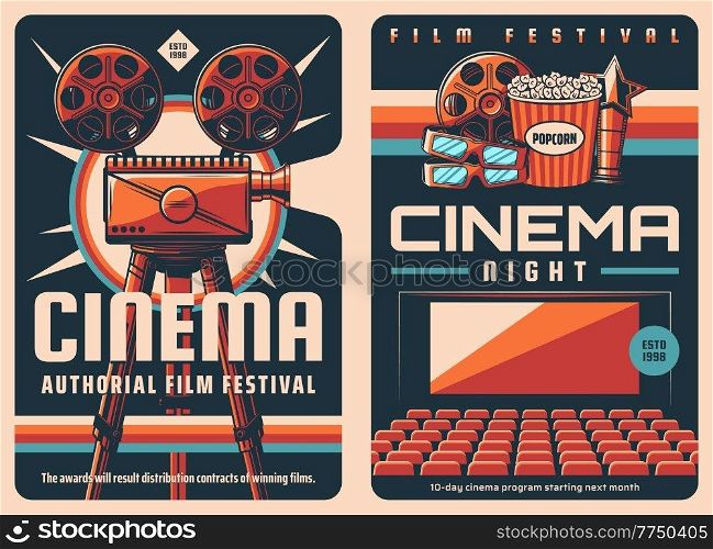 Movie film festival retro posters with vector cinema or movie theater, vintage video projector, film reels and popcorn bucket, 3d glasses and cinematography award. Entertainment event banners. Movie film festival retro poster, cinema projector
