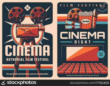 Movie film festival retro posters with vector cinema or movie theater, vintage video projector, film reels and popcorn bucket, 3d glasses and cinematography award. Entertainment event banners. Movie film festival retro poster, cinema projector
