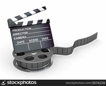Movie industry. Clapperboard and film reel. 3d